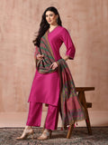 Women Silk Blend Fuchsia Embroidered Kurta Comfort Pant Dupatta.