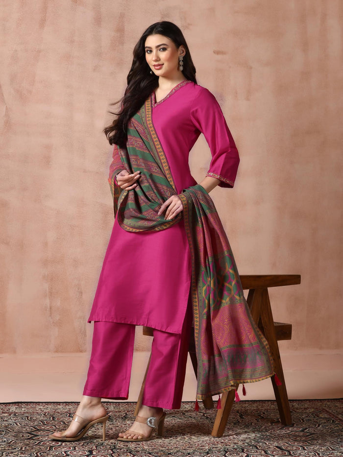 Women Silk Blend Fuchsia Embroidered Kurta Comfort Pant Dupatta.