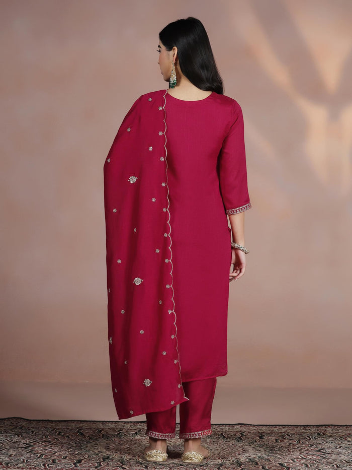 Women Silk Blend Fuchsia Embroidered Kurta Comfort Pant Dupatta.