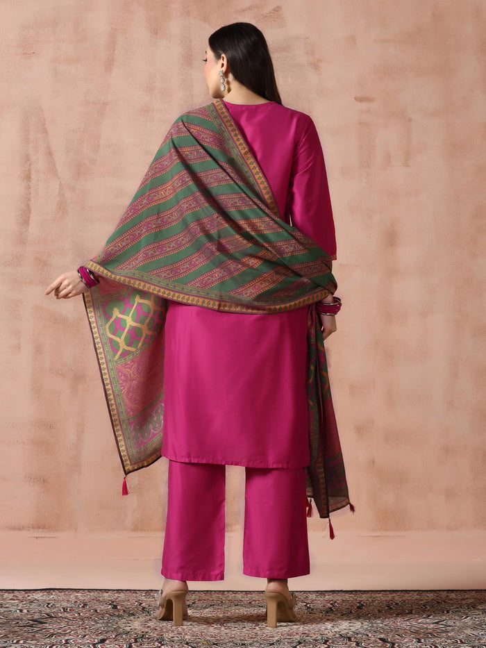 Women Silk Blend Fuchsia Embroidered Kurta Comfort Pant Dupatta.