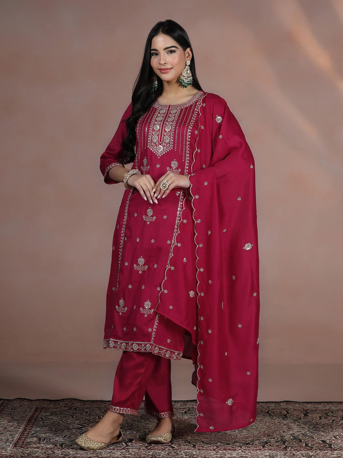 Women Silk Blend Fuchsia Embroidered Kurta Comfort Pant Dupatta.