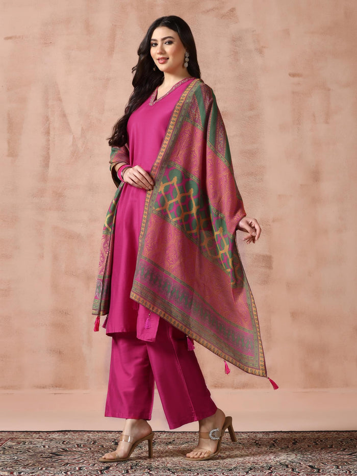 Women Silk Blend Fuchsia Embroidered Kurta Comfort Pant Dupatta.
