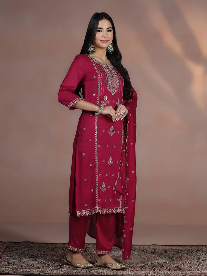 Women Silk Blend Fuchsia Embroidered Kurta Comfort Pant Dupatta.