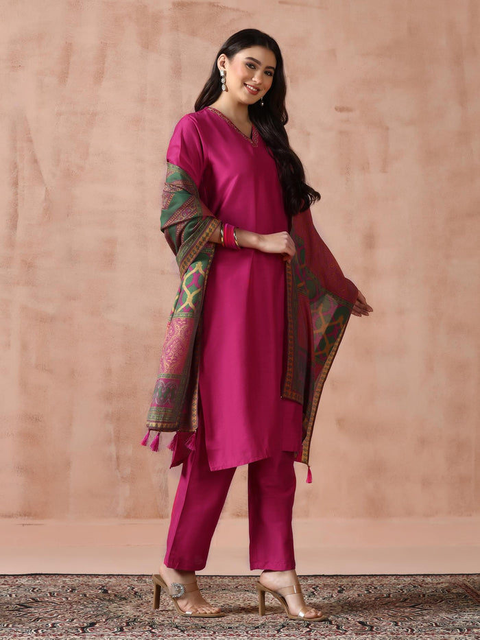 Women Silk Blend Fuchsia Embroidered Kurta Comfort Pant Dupatta.