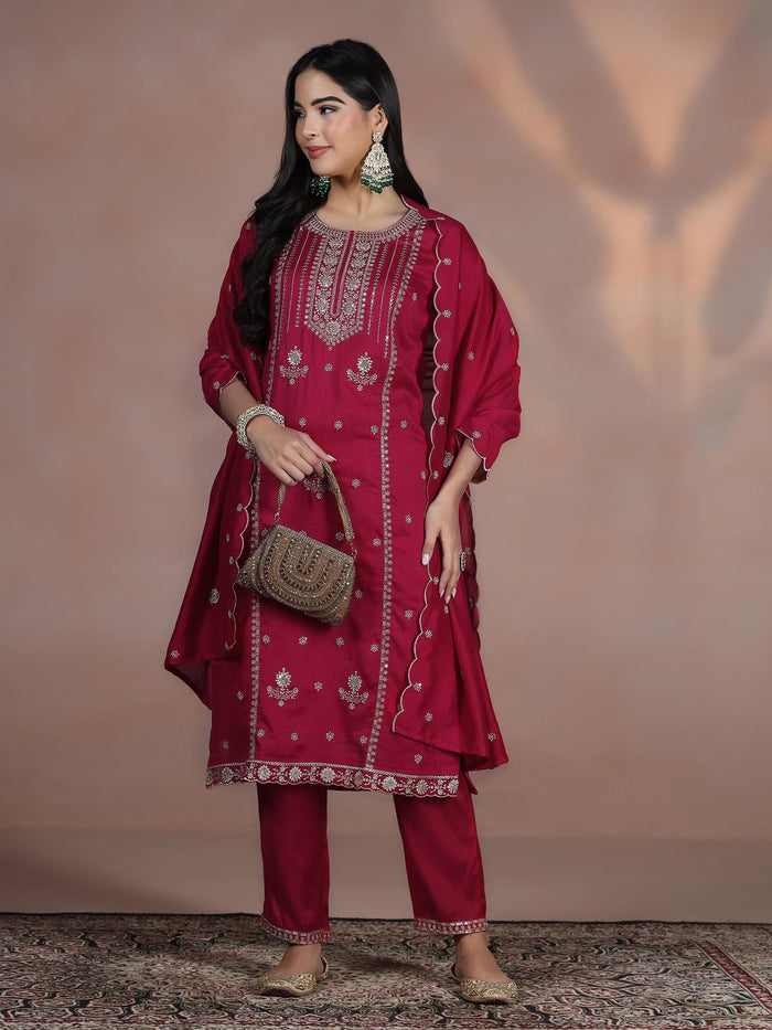 Women Silk Blend Fuchsia Embroidered Kurta Comfort Pant Dupatta.