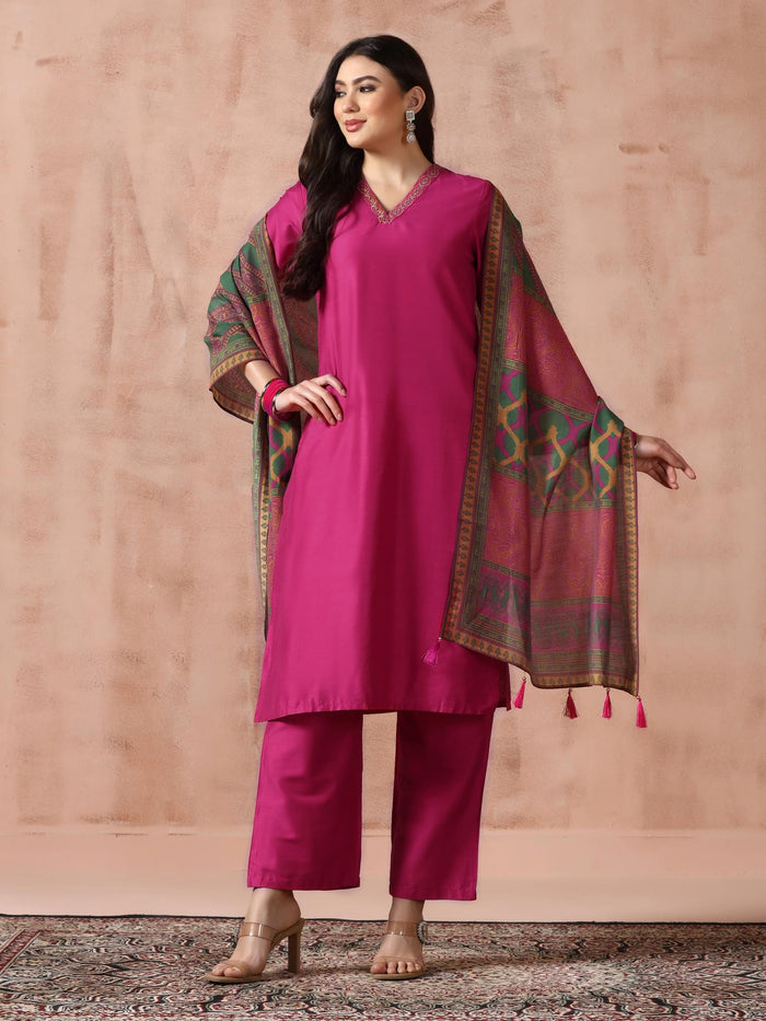 Women Silk Blend Fuchsia Embroidered Kurta Comfort Pant Dupatta.