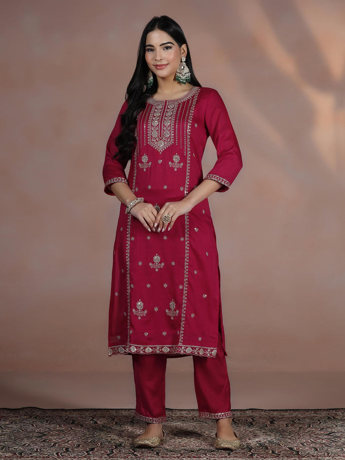 Women Silk Blend Fuchsia Embroidered Kurta Comfort Pant Dupatta.
