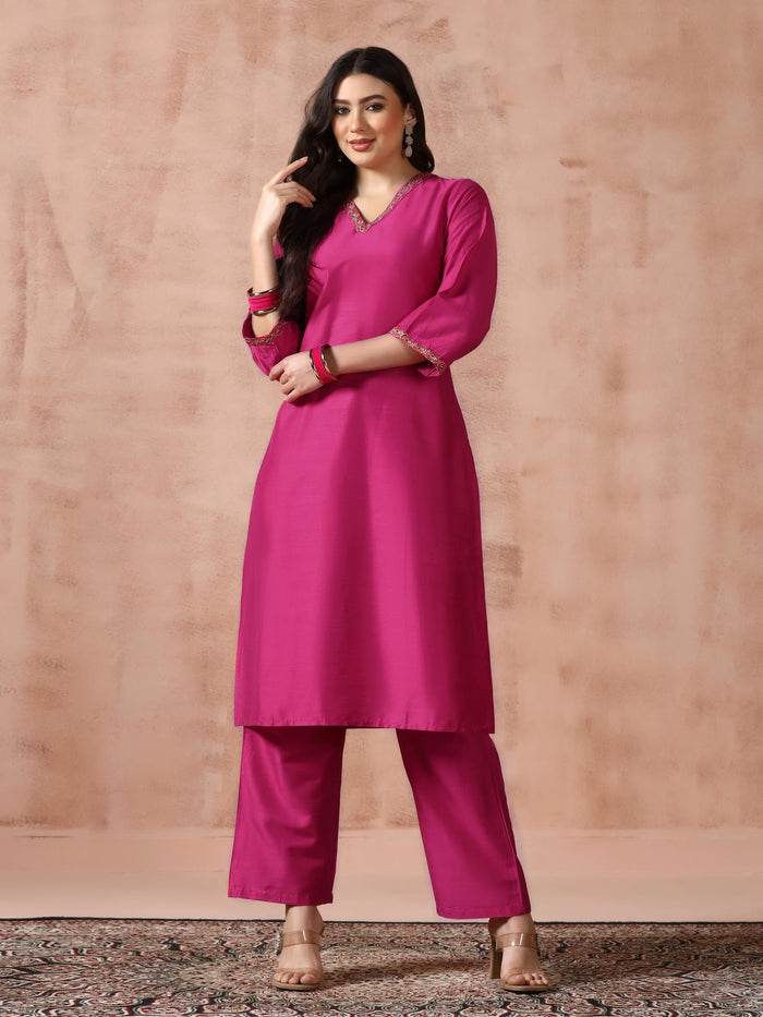 Women Silk Blend Fuchsia Embroidered Kurta Comfort Pant Dupatta.