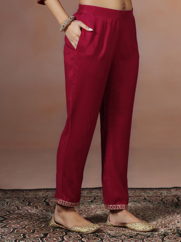 Women Silk Blend Fuchsia Embroidered Kurta Comfort Pant Dupatta.
