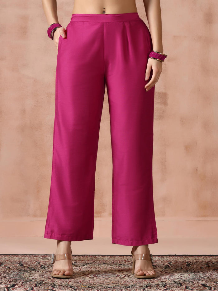 Women Silk Blend Fuchsia Embroidered Kurta Comfort Pant Dupatta.