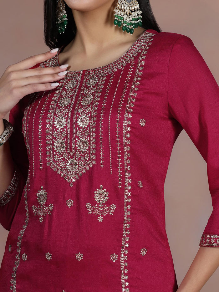 Women Silk Blend Fuchsia Embroidered Kurta Comfort Pant Dupatta.