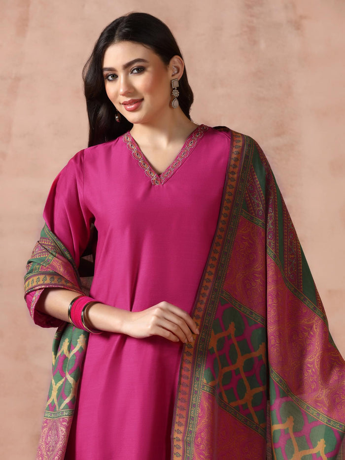 Women Silk Blend Fuchsia Embroidered Kurta Comfort Pant Dupatta.