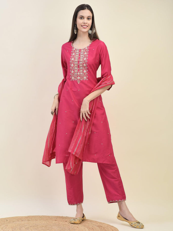 Women Silk Blend Fuchsia Embroidered Kurta Trouser Dupatta.
