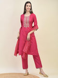 Women Silk Blend Fuchsia Embroidered Kurta Trouser Dupatta.