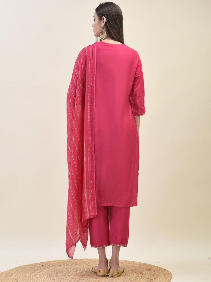 Women Silk Blend Fuchsia Embroidered Kurta Trouser Dupatta.