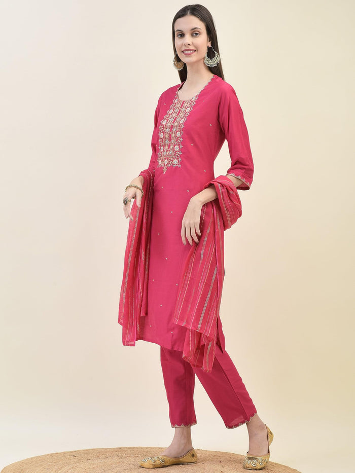 Women Silk Blend Fuchsia Embroidered Kurta Trouser Dupatta.