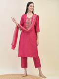 Women Silk Blend Fuchsia Kurta Trouser Dupatta.