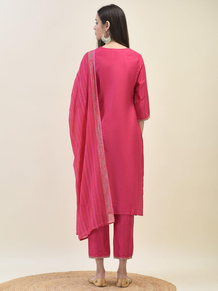 Women Silk Blend Fuchsia Kurta Trouser Dupatta.