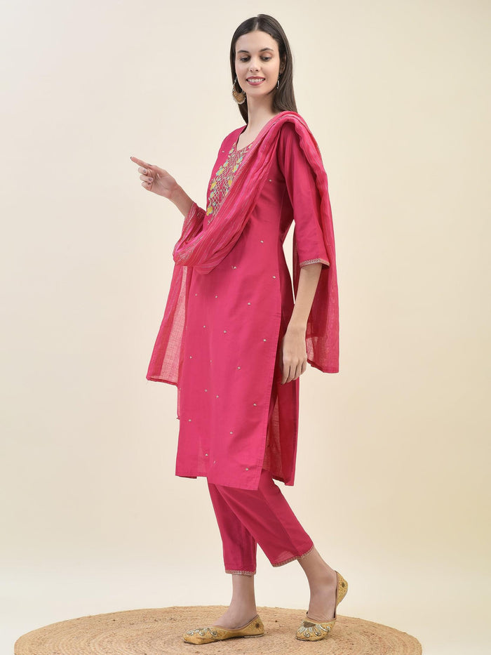 Women Silk Blend Fuchsia Kurta Trouser Dupatta.