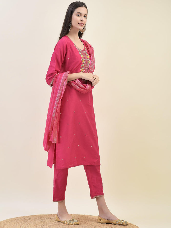 Women Silk Blend Fuchsia Kurta Trouser Dupatta.
