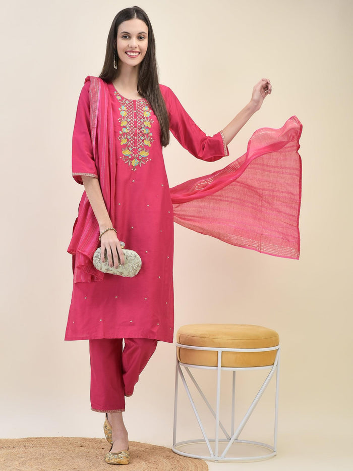 Women Silk Blend Fuchsia Kurta Trouser Dupatta.