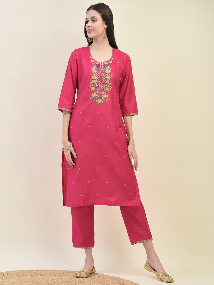 Women Silk Blend Fuchsia Kurta Trouser Dupatta.