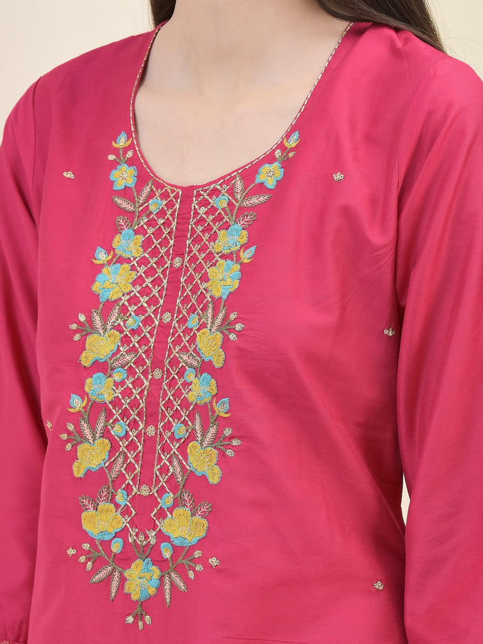 Women Silk Blend Fuchsia Kurta Trouser Dupatta.