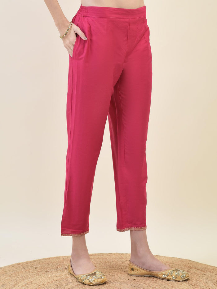 Women Silk Blend Fuchsia Kurta Trouser Dupatta.