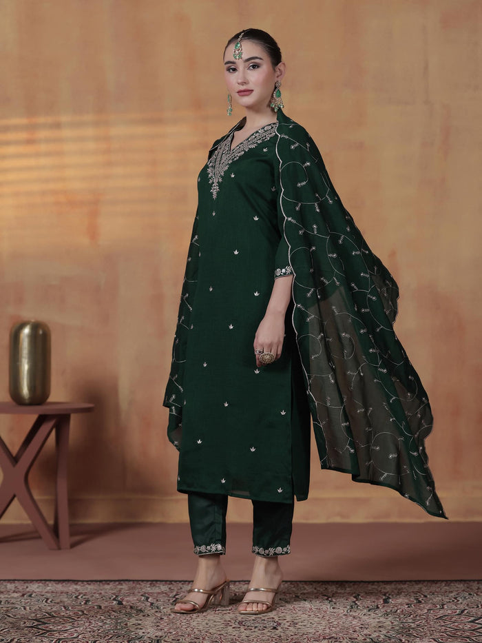 Women Silk Blend Green Embroidered Kurta Comfort Pant With Dupatta.