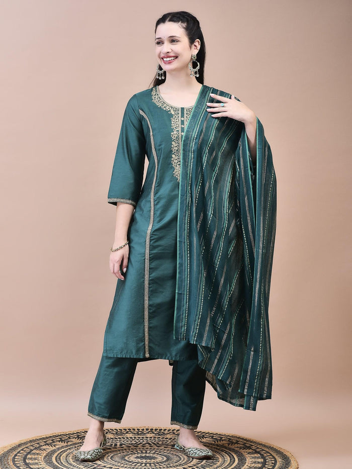 Women Silk Blend Green Embroidered Kurta Trouser Dupatta.