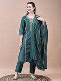 Women Silk Blend Green Embroidered Kurta Trouser Dupatta.