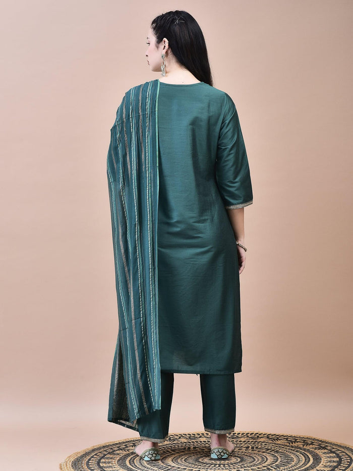 Women Silk Blend Green Embroidered Kurta Trouser Dupatta.