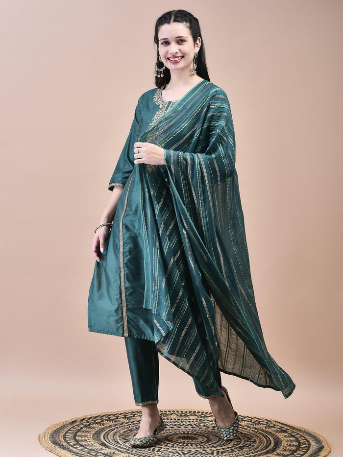 Women Silk Blend Green Embroidered Kurta Trouser Dupatta.