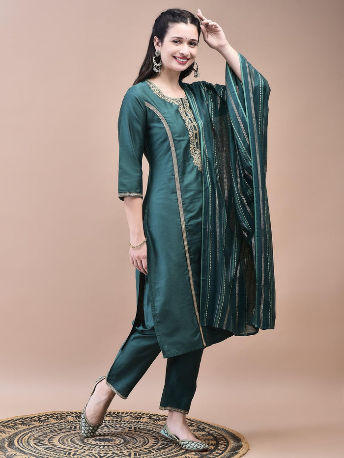 Women Silk Blend Green Embroidered Kurta Trouser Dupatta.