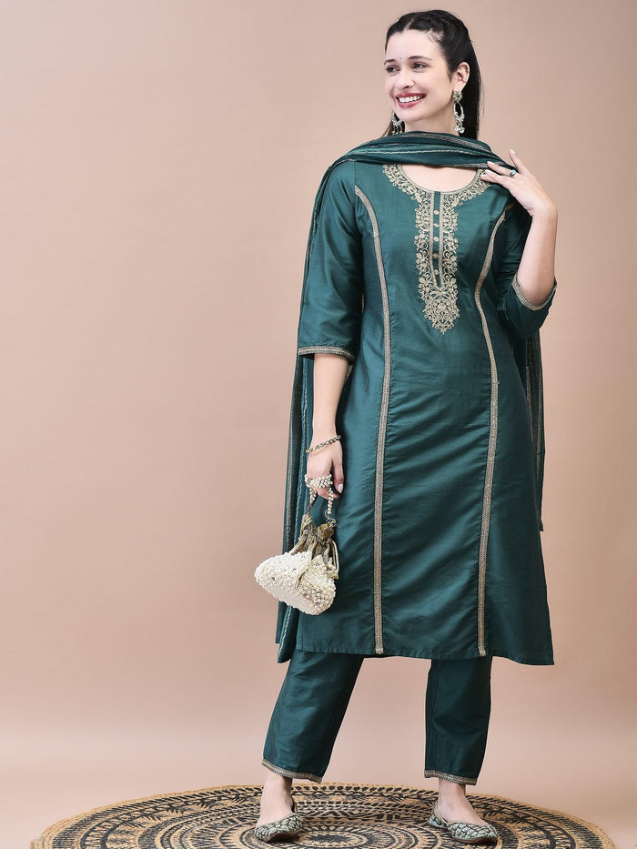 Women Silk Blend Green Embroidered Kurta Trouser Dupatta.