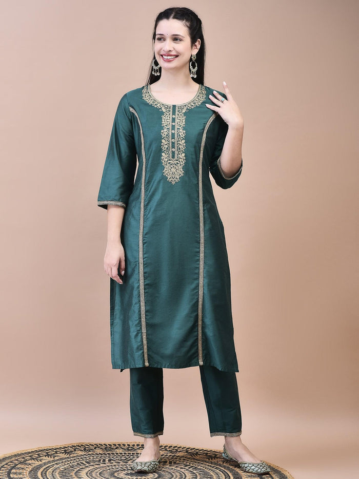 Women Silk Blend Green Embroidered Kurta Trouser Dupatta.