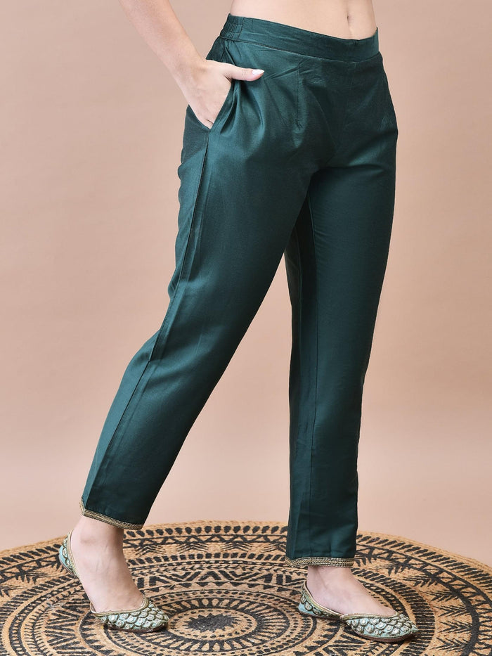 Women Silk Blend Green Embroidered Kurta Trouser Dupatta.
