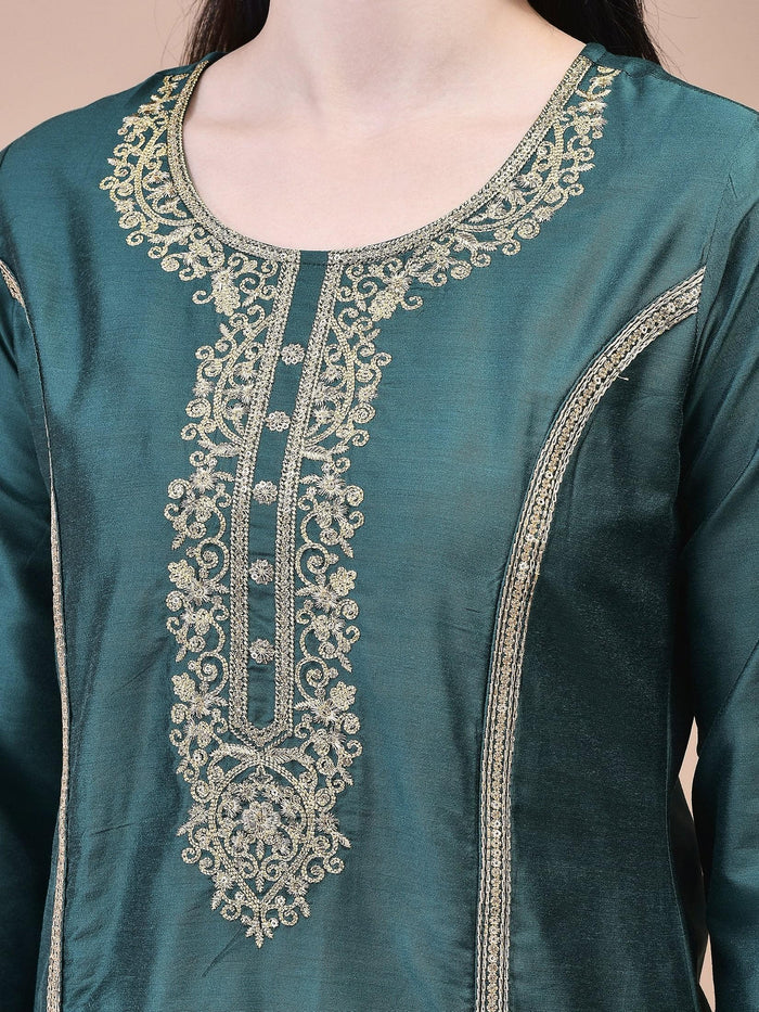 Women Silk Blend Green Embroidered Kurta Trouser Dupatta.