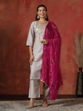 Women Silk Blend Grey Embroidered Kurta Comfort Pant Dupatta.