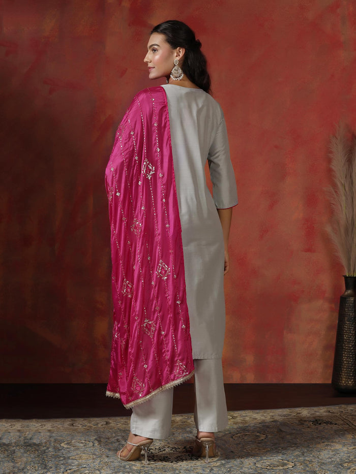 Women Silk Blend Grey Embroidered Kurta Comfort Pant Dupatta.