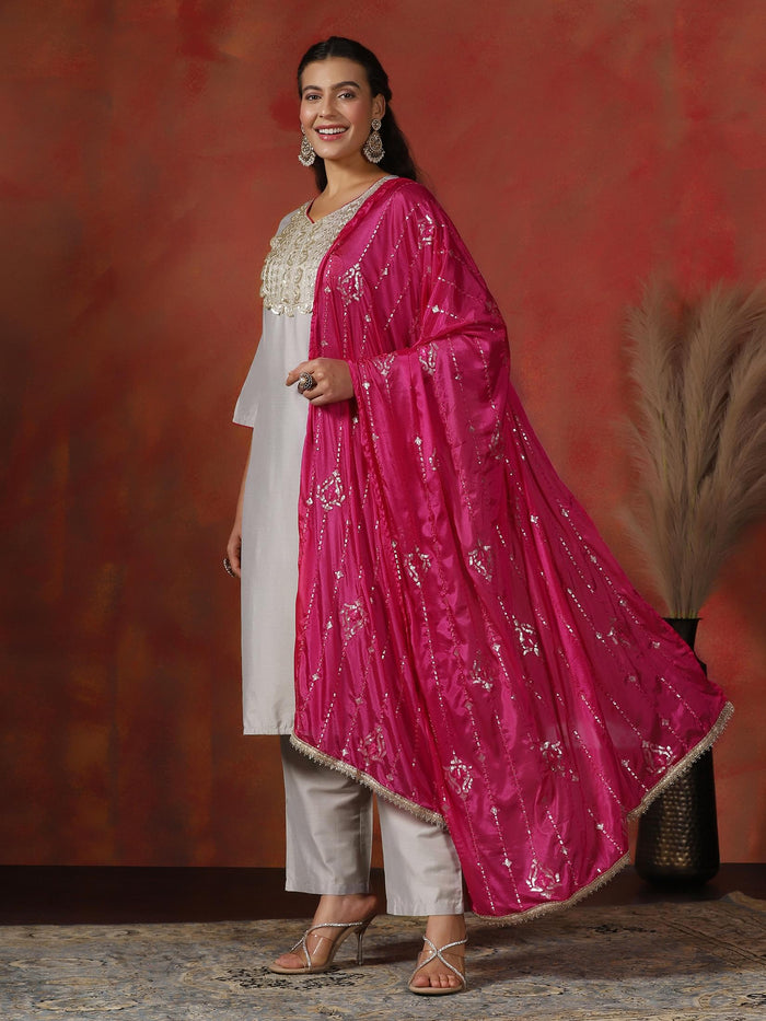 Women Silk Blend Grey Embroidered Kurta Comfort Pant Dupatta.