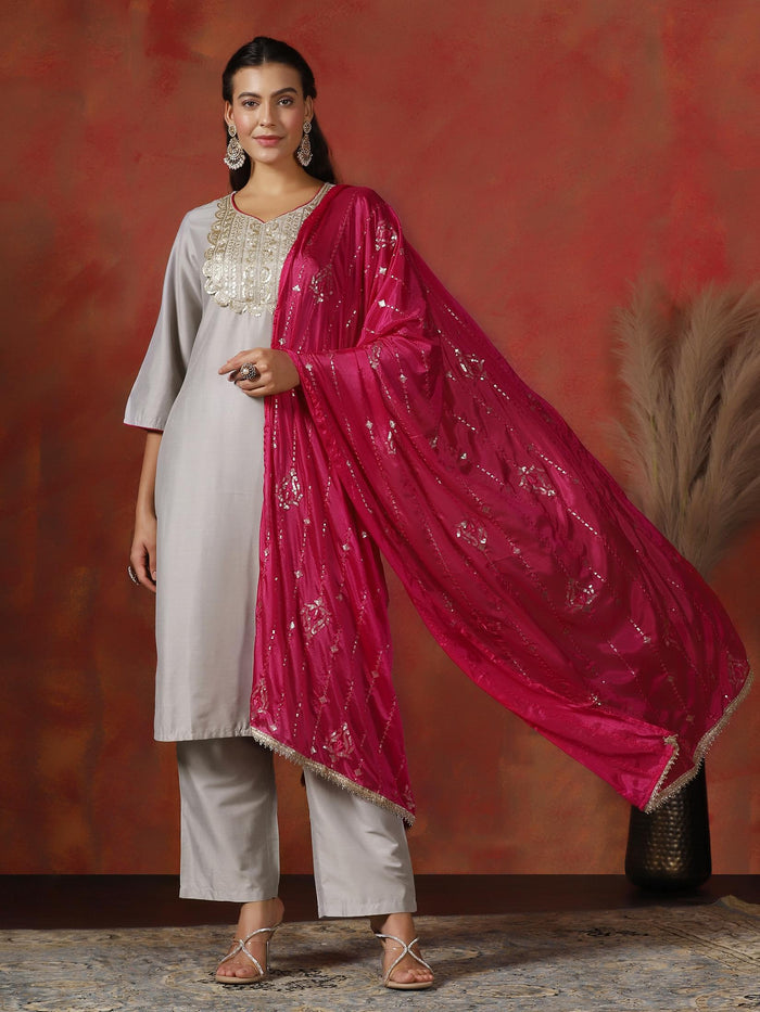 Women Silk Blend Grey Embroidered Kurta Comfort Pant Dupatta.