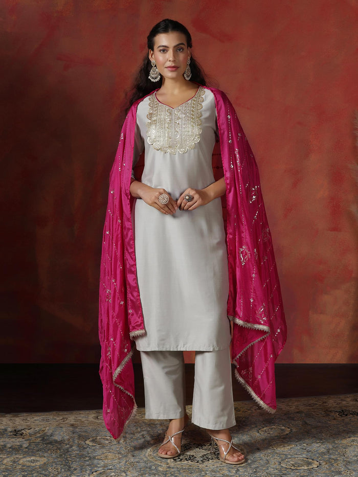 Women Silk Blend Grey Embroidered Kurta Comfort Pant Dupatta.