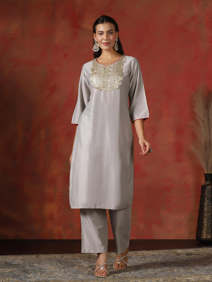 Women Silk Blend Grey Embroidered Kurta Comfort Pant Dupatta.