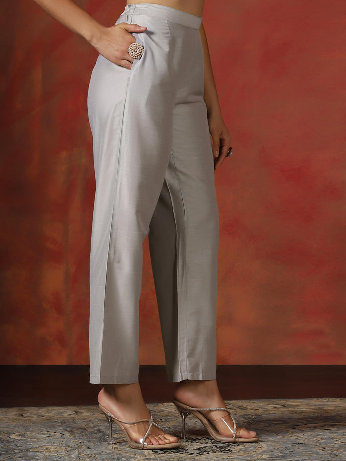 Women Silk Blend Grey Embroidered Kurta Comfort Pant Dupatta.