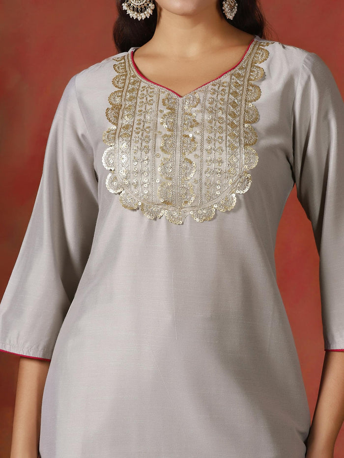 Women Silk Blend Grey Embroidered Kurta Comfort Pant Dupatta.