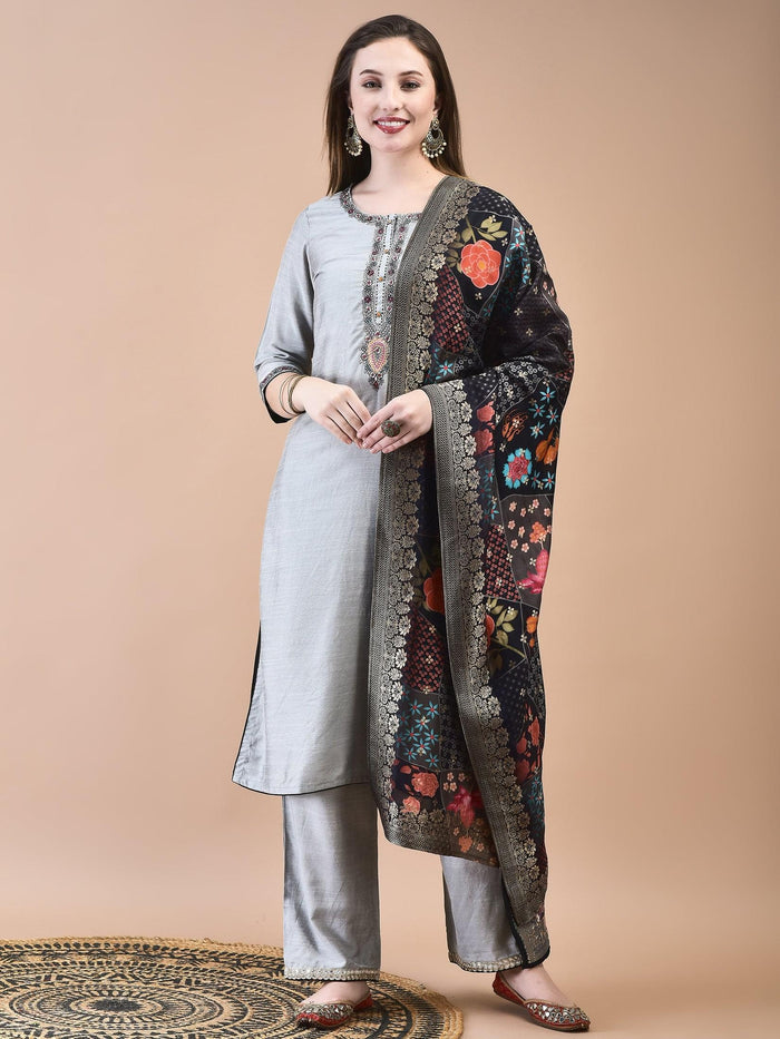 Women Silk Blend Grey Embroidered Kurta Comfort Pant Jacquard Dupatta.