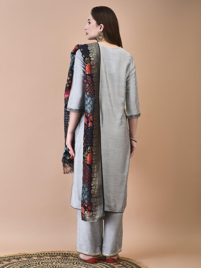 Women Silk Blend Grey Embroidered Kurta Comfort Pant Jacquard Dupatta.