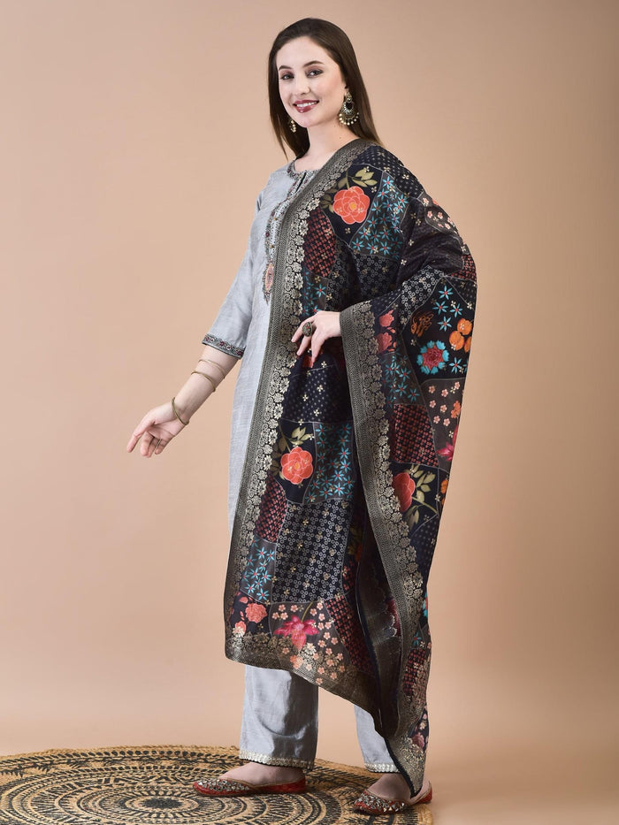 Women Silk Blend Grey Embroidered Kurta Comfort Pant Jacquard Dupatta.