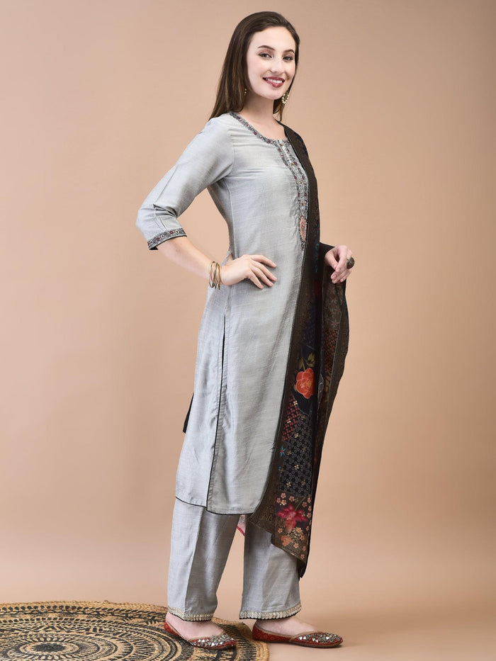 Women Silk Blend Grey Embroidered Kurta Comfort Pant Jacquard Dupatta.